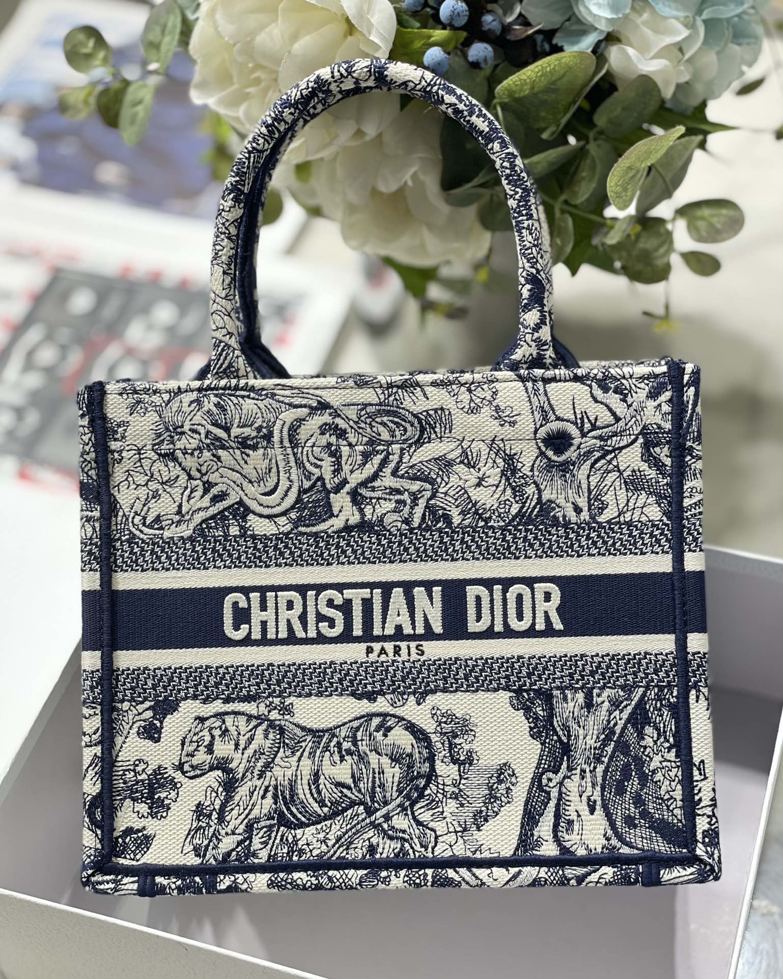 Small Dior Book Tote Bag Ecru and Blue Toile de Jouy Reverse Embroidery